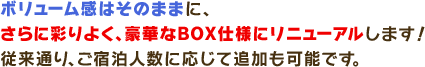 ボリューム感はそのままに、さらに彩りよく、豪華なBOX仕様にリニューアルします！従来通り、ご宿泊人数に応じて追加も可能です。